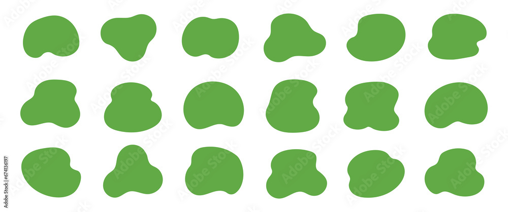 Poster Organic blob shape, abstract green color amoeba, irregular fluid element set. Simple flat abstract splodge, amoeba blob figure, liquid shape graphic design element. Vector illustration.