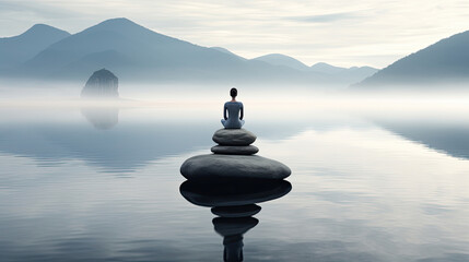 Obraz na płótnie Canvas zen silhouette mindfulness meditation pebble rock balance - by generative ai 
