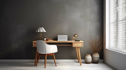 Workplace with white chair at wooden drawer writing desk against of window near dark grey wall Interior design of modern Scandinavian home office photography generative ai