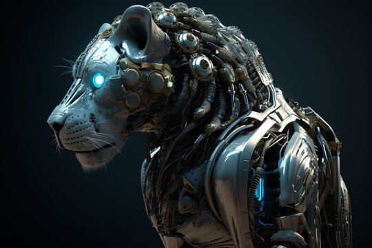 Image of lion in advanced robotic armor, depicting futuristic animal evolution. Generative AI