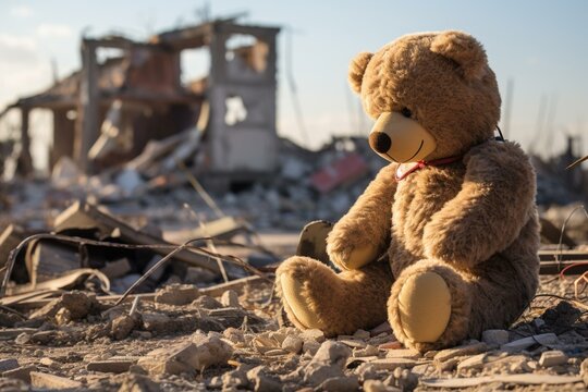 A bear toy rests amidst the ruins of a demolished structure. Generative AI