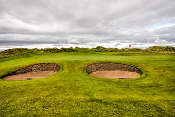 St Andrews, Scotland - September 22, 2023: The challenging sand traps on the Jubilee Golf Course, a...