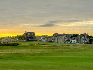 St Andrews, Scotland - September 22, 2023: Sunrise over the Old Course, a public golf course in St...