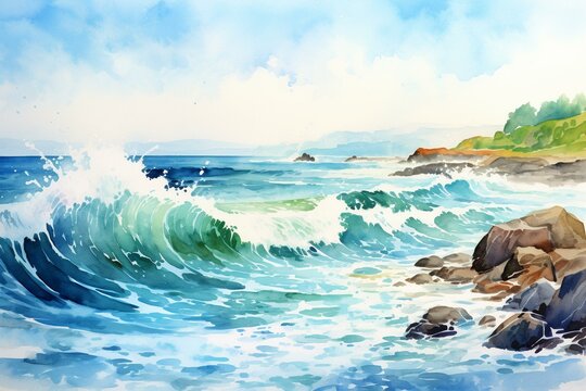 Sea view with crashing wave and watercolor effect. Generative AI