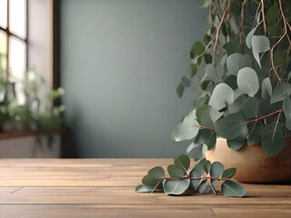 Eucalyptus leaves are placed on the wooden floor on the background of the room.