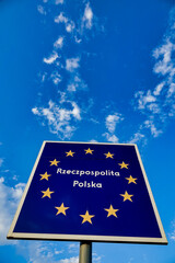 european union flag , poland and germany border sign,taken in stettin szczecin west poland, europe