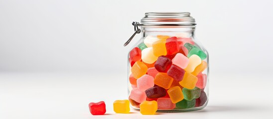 Colorful jelly candies are displayed in a glass jar against a white background