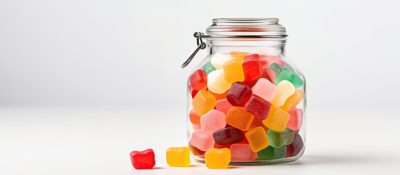 Colorful jelly candies are displayed in a glass jar against a white background