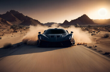High-speed supercar on a dusty desert road. Black racing sport car racing through arid terrain