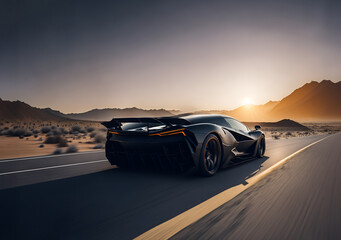 Rear view of a high-speed supercar on a dusty desert road. Black racing sport car racing through arid terrain