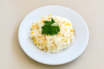 Traditional delicious Turkish food; Turkish style rice pilaf (Turkish name; Arpa sehriyeli. tavuklu, nohutlu, kavurmali, kuru fasulyeli, pirinc pilavi)