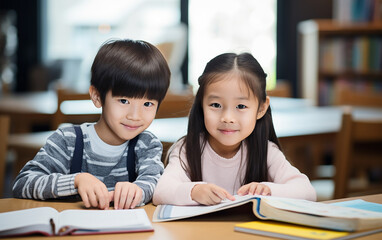 A couple of asian kids sitting at school lesson