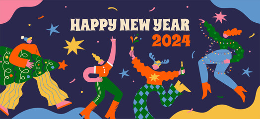 Fun Merry Christmas and Happy New Year banner, Christmas background and card with groovy, hippie bizarre disproportionate characters, wearing Santa hat, dancing, jumping and drinking champagne