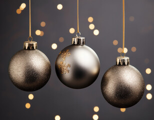 Three Christmas balls in gold and black colors on a black background