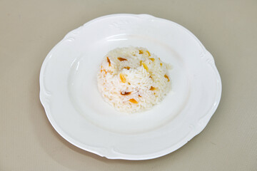Traditional delicious Turkish food; Turkish style rice pilaf (Turkish name; Arpa sehriyeli. tavuklu, nohutlu, kavurmali, kuru fasulyeli, pirinc pilavi)