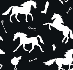 Vector seamless pattern of hand drawn horses silhouette isolated on black background