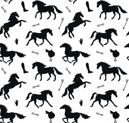 Vector seamless pattern of hand drawn horses silhouette isolated on white background
