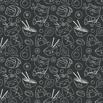 Outline Japanese seamless pattern in kawaii style for kids with cats and sushi on dark background. Flat Vector Illustration EPS10