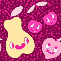 Cartoon fruit seamless cherry and pears and peach pattern for wrapping paper and kids clothes print and fashion