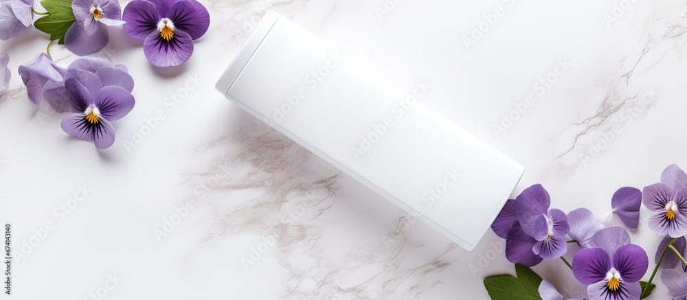 Sticker A top down view of a white squeeze bottle tube without any branding accompanied by small pansy flowers placed on a marble table The concept is centered around natural and organic spa cosmet