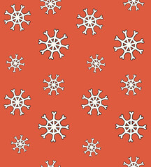 Vector seamless pattern of groovy retro cartoon snowflakes isolated on red background