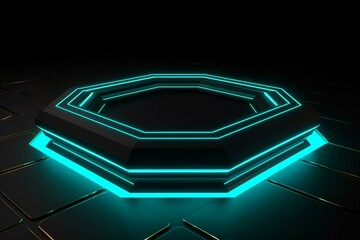 Simplistic tech design featuring a raised hexagon and illuminated turquoise trim on a black surface with embossed 3D shape. Rendered in 3D. Generative AI