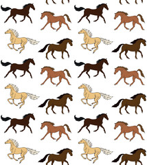 Vector seamless pattern of different color hand drawn sketch doodle horses isolated on white background