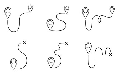 Map distance measuring doodle set. Navigation sign, location pointers, map pins Gps navigation in sketch style. Hand drawn vector illustration isolated on white background