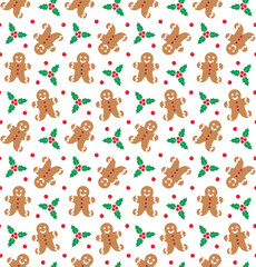 Vector seamless pattern of flat Christmas ginger bread man cookie isolated on white background