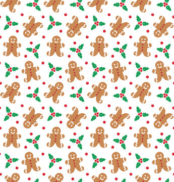 Vector seamless pattern of flat Christmas ginger bread man cookie isolated on white background