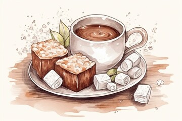 Hand-drawn illustration of cocoa with marshmallows. Generative AI