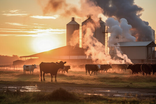 Methane from Agriculture. Industrial livestock cattle farm, with the fading sunlight highlighting the methane-rich emissions rising from the expansive cattle herds.