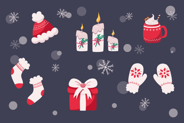 Vector set of winter elements in red color, winter clothes, candles, cup of cocoa with cream, gift box, snowflakes. Christmas, New Year, winter