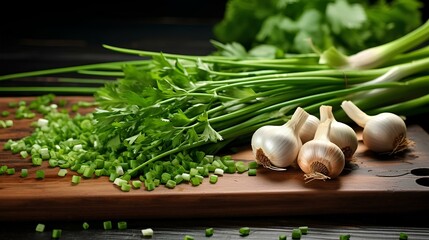 Fresh garlic with green sprouts. Coarse garlic for savory or spicy food. Chives in the kitchen. generative AI