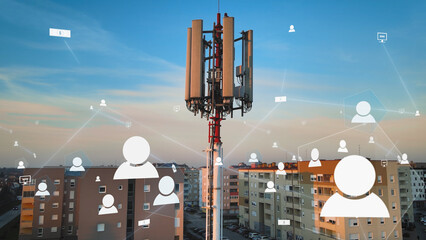Telecom tower connecting a neighborhood of people, 5G Social Network - 3D graphics