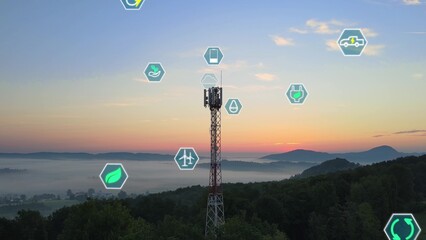 Sustainable development in telecommunication industry, radio tower with sustainable icons - 3d Render