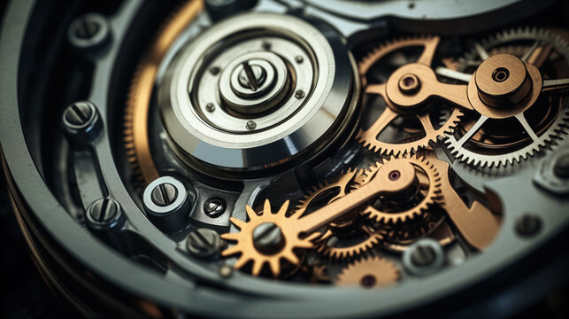Precision watch gears, metallic cogs close-up.
