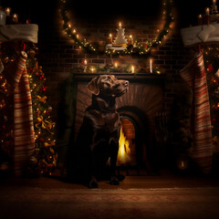 Brown Labrador Dog in Front of Christmas Fireplace Decorations