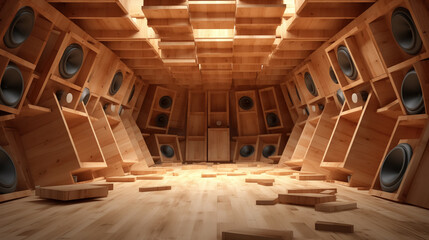 Wooden room lined with speakers for an immersive audio experience.