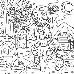Zombie Girl Holding Sunflowers Coloring Pages 