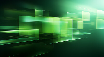 Abstract flowing green squares with glossy finish and vibrant gradients on a dark background.