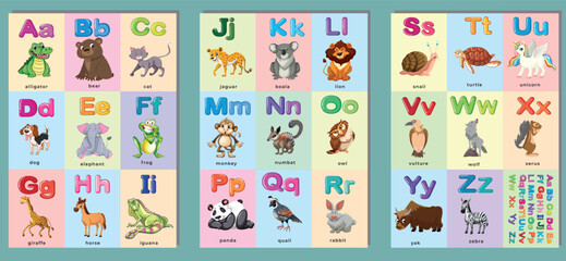 Alphabet cards for kids with cute animals, colourful set of cards for children, learning games for kids