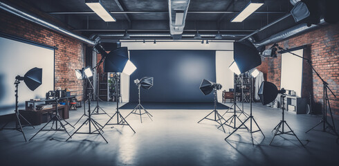 Interior of modern photo studio with professional equipment - obrazy, fototapety, plakaty