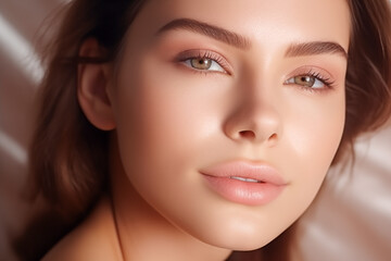 Obraz premium Beauty young woman with a healthy glowing skin is applying a skincare product