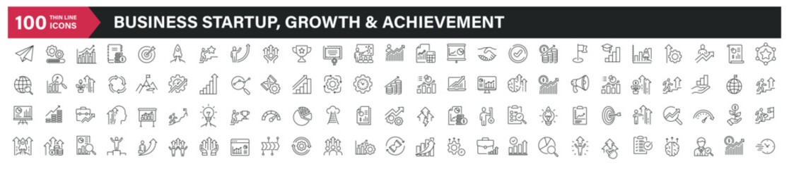Business startup, growth and achievement line icons. Editable stroke. For website marketing design, logo, app, template, ui, etc. Vector illustration. - obrazy, fototapety, plakaty