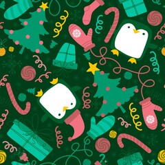 Christmas tree and animals seamless penguin and gift box pattern for wrapping paper and fabrics and new year print