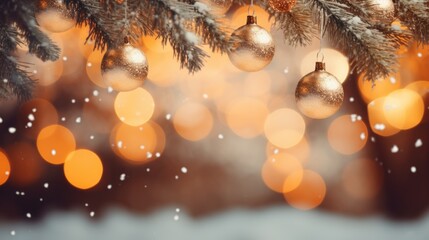 Decorated Christmas tree with golden blurred snowfall background for Christmas Eve.	