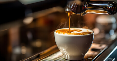 making coffee, espresso pouring, machine prepares coffee, aromatic espresso, barista cafe restaurant, Making fresh cappuccino, close-up view - obrazy, fototapety, plakaty