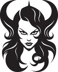 Seductive Beauty Black Logo Design with Demon Icon Black and Bold Beautiful Female Demon Vector Emblem