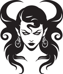Black and Bold Beautiful Female Demon Vector Emblem Iconic Temptress Black Logo with Enchanting Demon